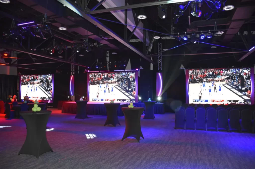 Event center decorated for watching a sporting event